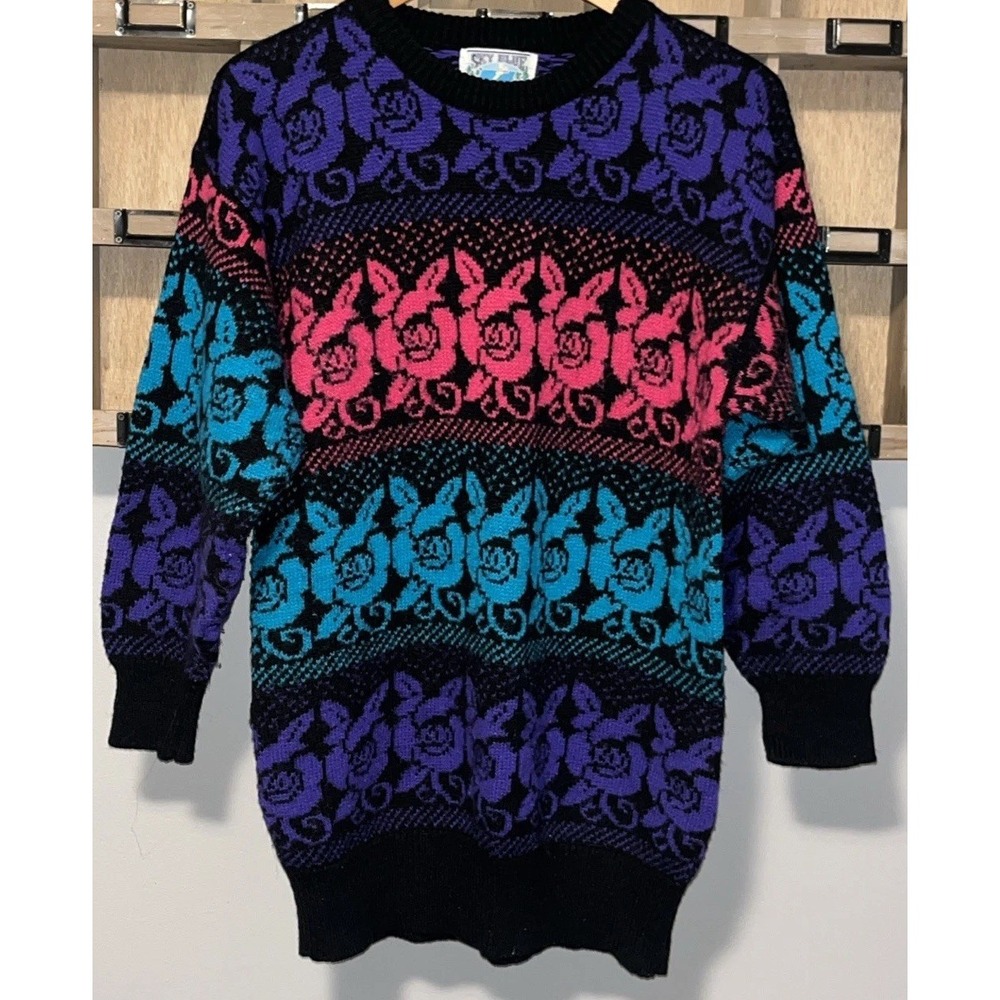 Vintage Rainbow Rose Knit Sweater Women M 3/4 Sleeve Colorblock Floral Y2K - Picture 3 of 11